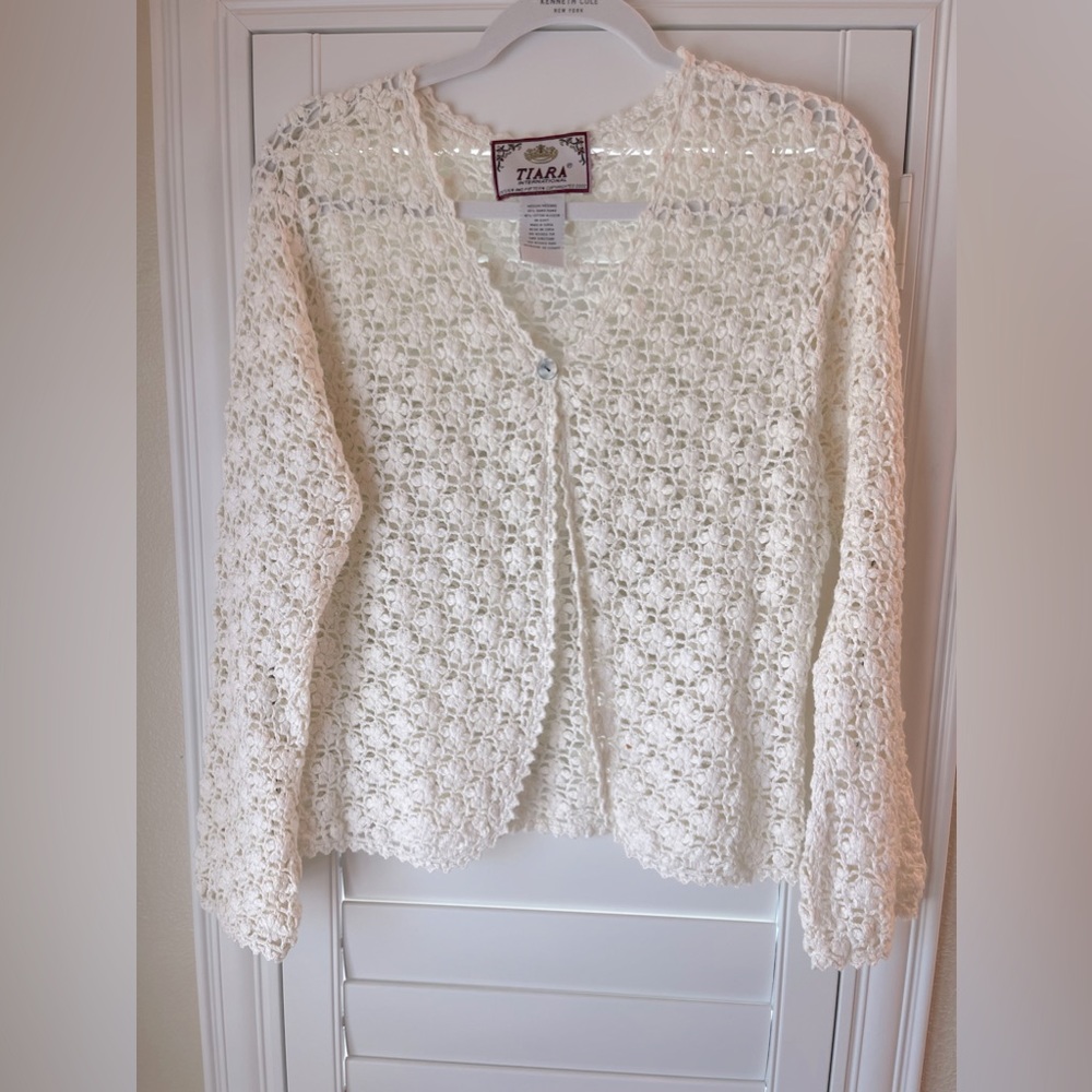 Tiara International Crochet cotton blend cardigan size M medium ivory